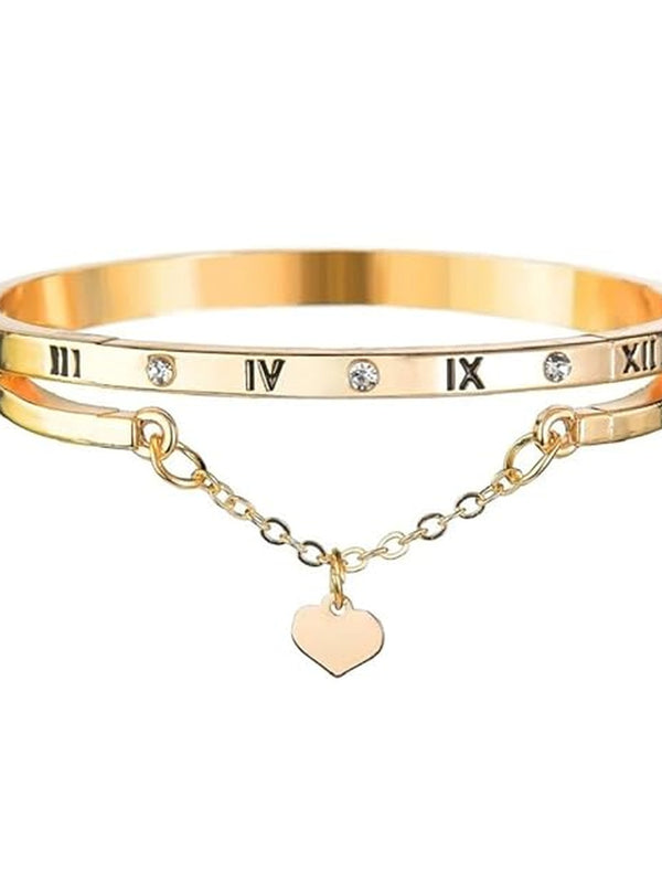 Gold Roman Numeral Bangle Bracelet with Heart Charm – Korean Minimal Stainless Steel Kada for Women