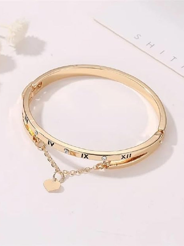 Gold Roman Numeral Bangle Bracelet with Heart Charm – Korean Minimal Stainless Steel Kada for Women