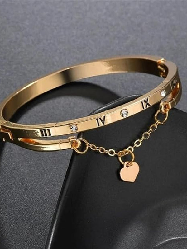 Gold Roman Numeral Bangle Bracelet with Heart Charm – Korean Minimal Stainless Steel Kada for Women