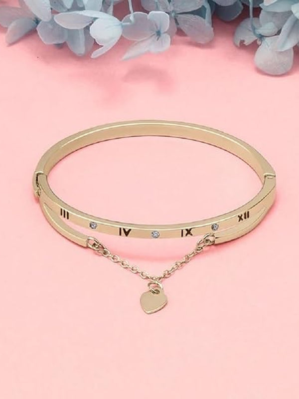 Gold Roman Numeral Bangle Bracelet with Heart Charm – Korean Minimal Stainless Steel Kada for Women