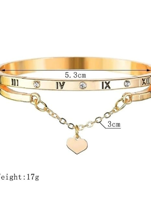 Gold Roman Numeral Bangle Bracelet with Heart Charm – Korean Minimal Stainless Steel Kada for Women